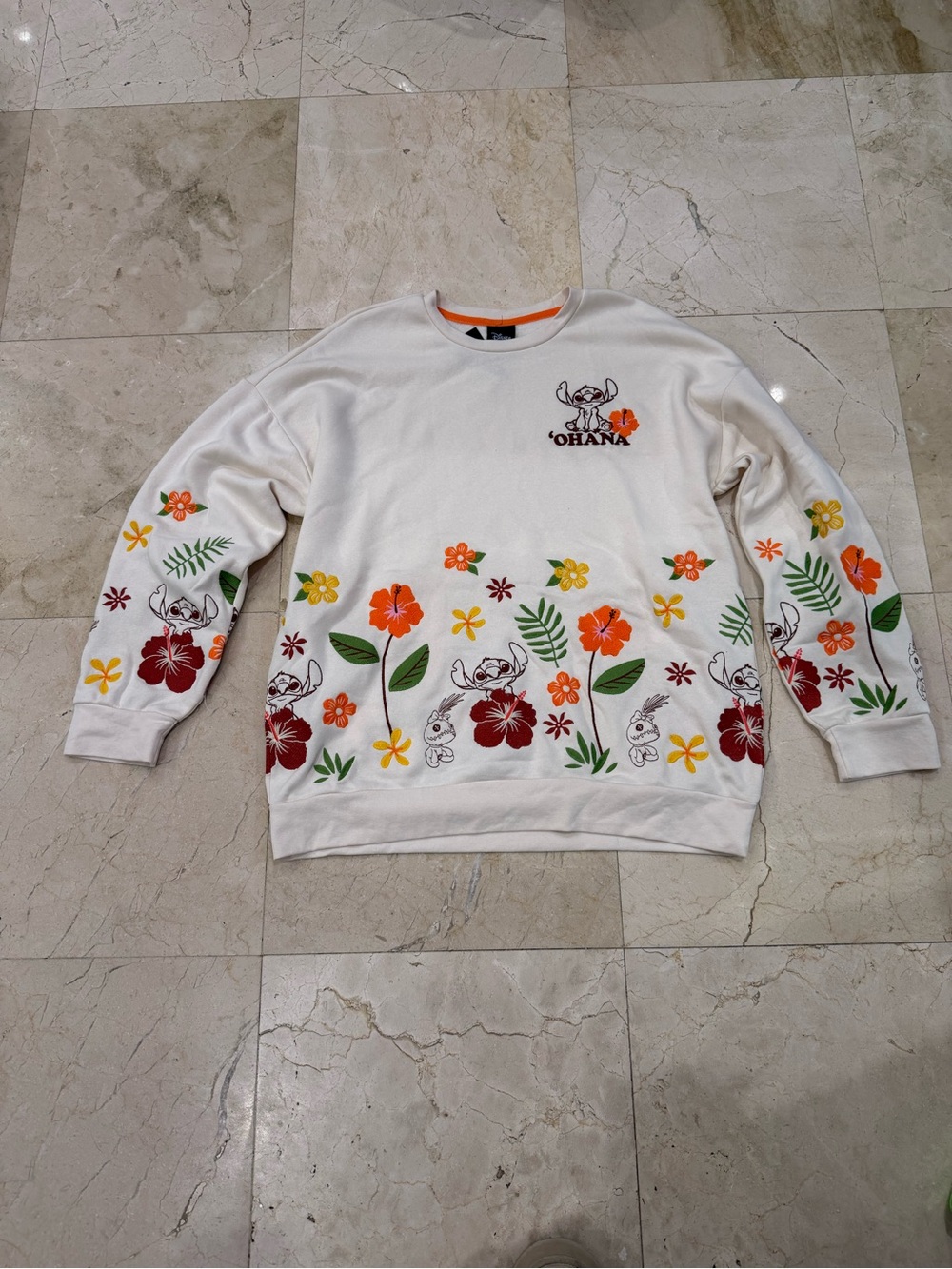 Disney White Crewneck Sweatshirt with Orange, Red & Green Floral Print